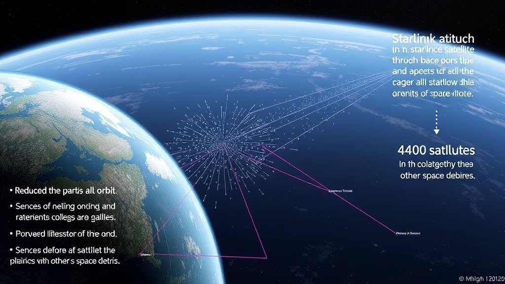 A detailed illustration of the Starlink satellite constellation in Earth's orbit, with a focus on the reduced altitude of 4,400 satellites and the potential risks of collisions with other space debris.