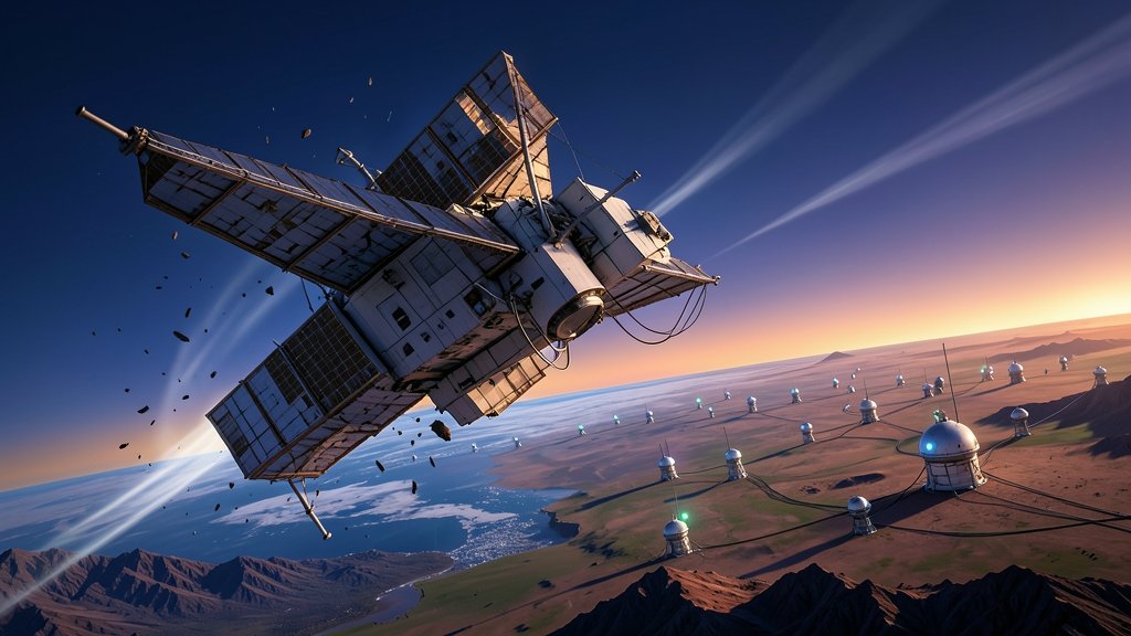 A detailed illustration of a satellite falling towards the Earth, with seismic quake sensors detecting sonic booms in the background
