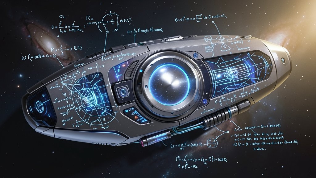 A futuristic illustration of a cosmic radiation device with a superconducting material core, surrounded by quantum physics equations and diagrams, with a subtle background of stars and galaxies.