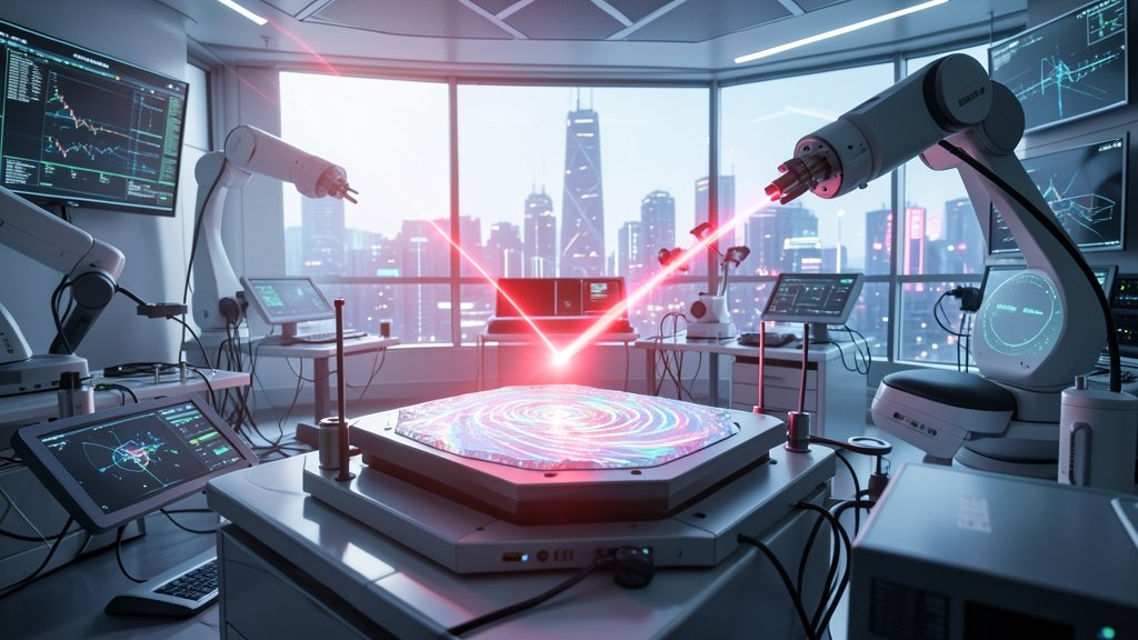 A futuristic laboratory setting with a laser beam interacting with a quantum material, causing a change in its magnetic properties