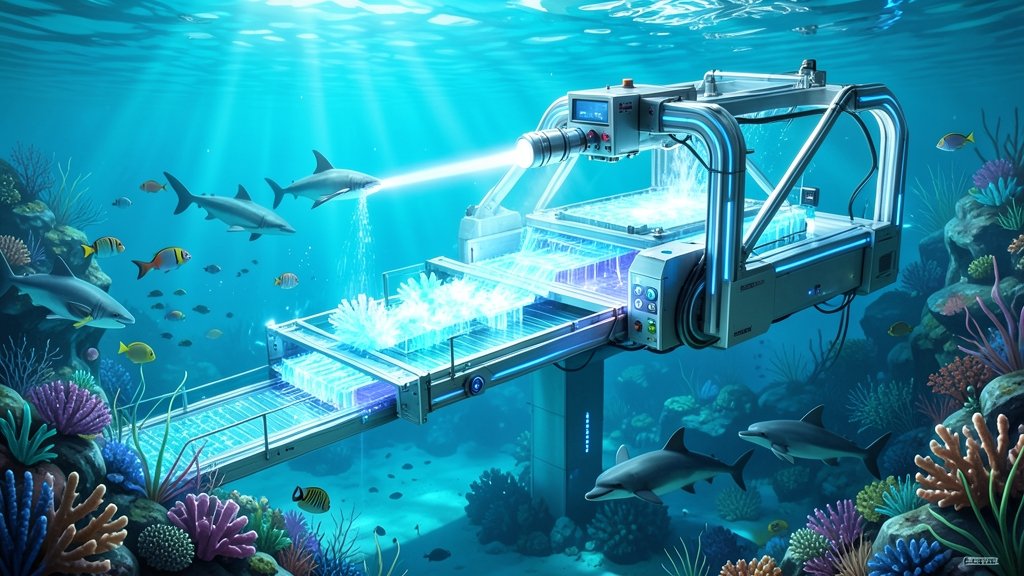 A futuristic illustration of a 3D printer constructing a bridge or a building underwater, with fish swimming around it, highlighting the potential of underwater 3D printing technology.