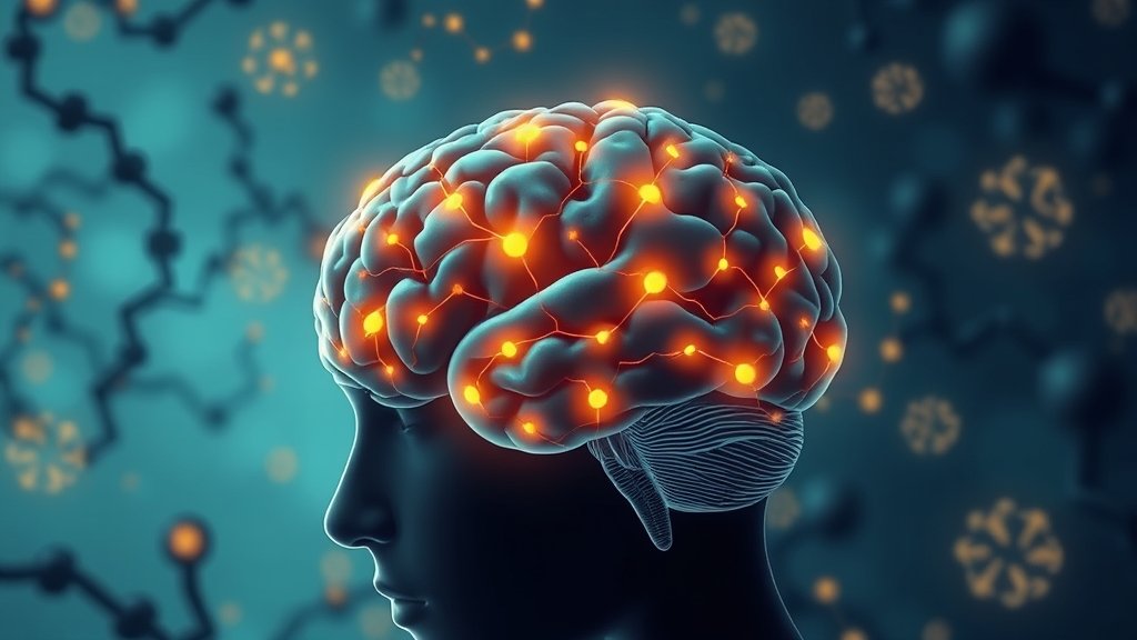 An illustration of a brain with glowing neural connections, surrounded by protein structures and a subtle background of a person in contemplation, conveying the complex relationship between proteomics and mental health.