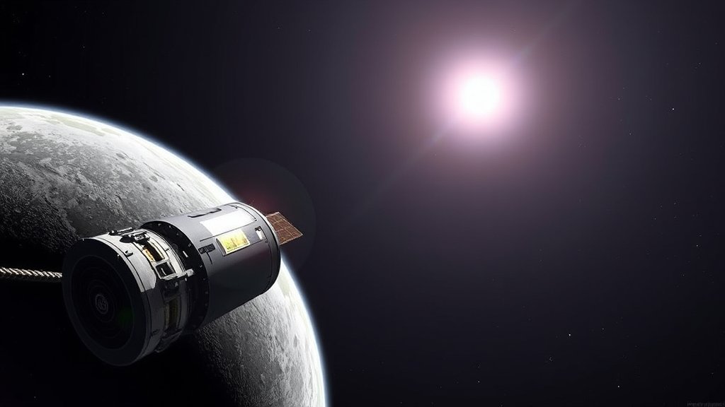 A detailed illustration of the NASA Artemis 2 spacecraft approaching the Moon, with the Earth visible in the background, highlighting the historic moment of the mission.
