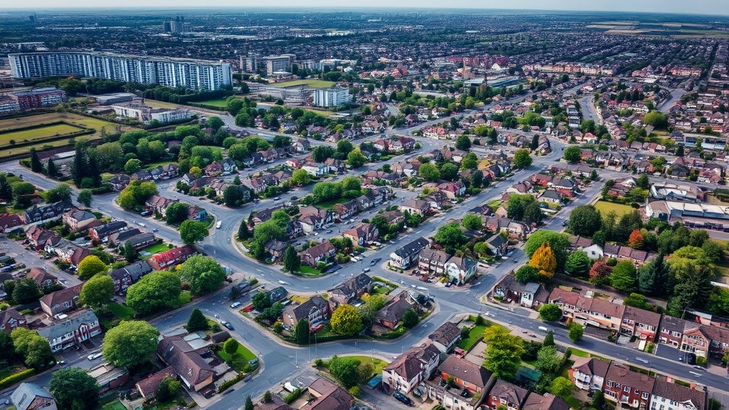 Aerial view of a suburban area with a mix of built forms and vegetation, highlighting the contrast between heated and cooled areas