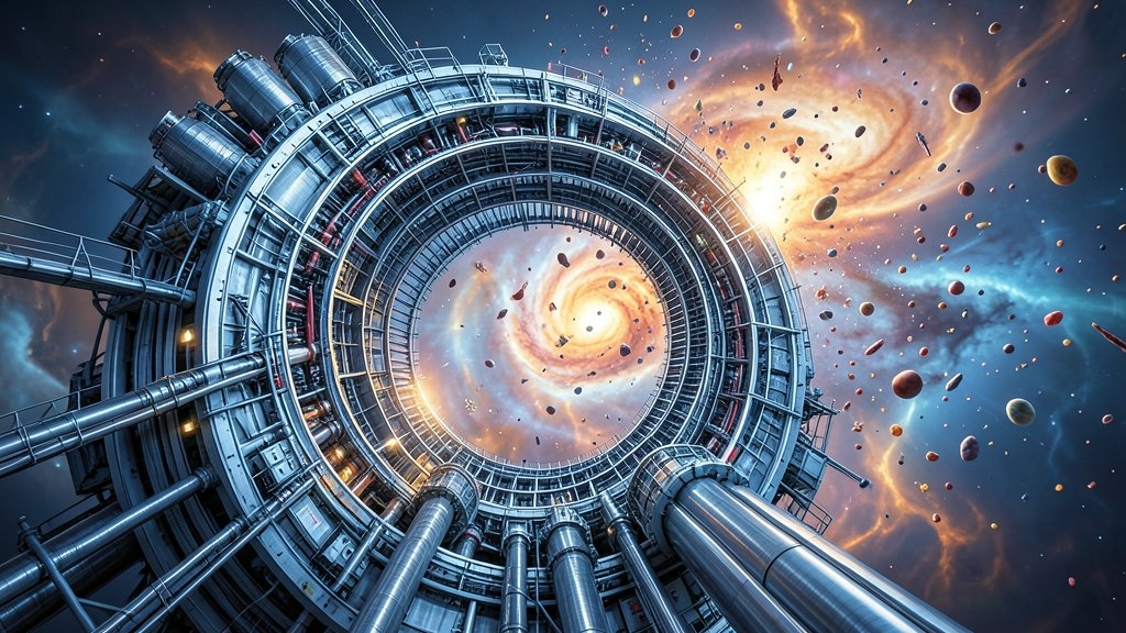 An illustration of the Large Hadron Collider with a background of the universe's early stages, showing the primordial soup and its components.