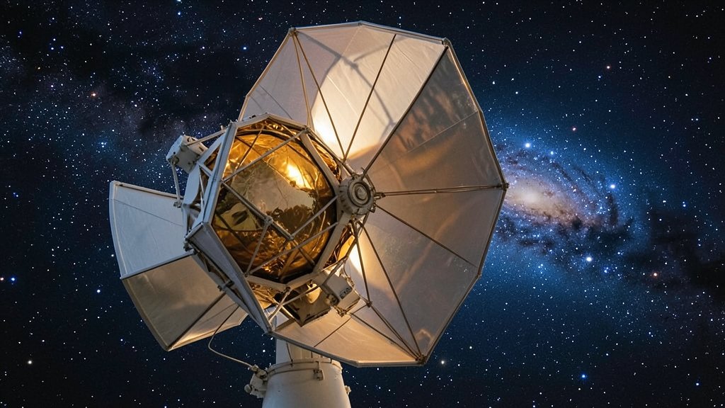 An artistic representation of the James Webb Space Telescope in space, with a distant galaxy in the background, showcasing the telescope's advanced technology and the vastness of the universe.