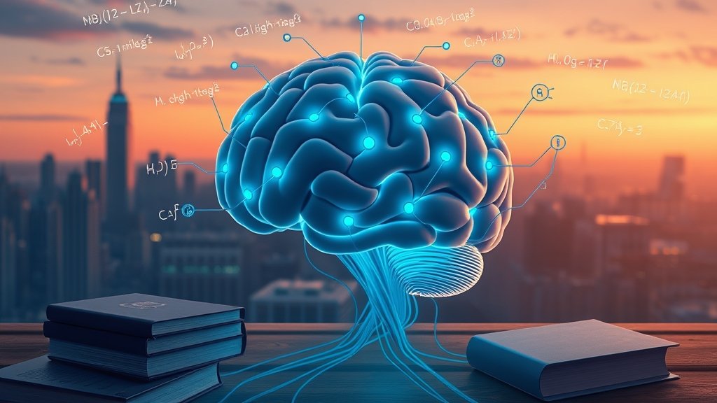 A futuristic illustration of a human brain with glowing blue circuits and wires, surrounded by books and mathematical equations, with a subtle background of a cityscape at dusk.