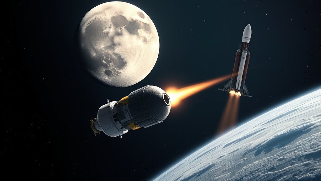 A detailed illustration of the NASA Artemis 2 mission spacecraft approaching the moon, with the SpaceX Crew-12 launch vehicle in the background, highlighting the delicate dance between the two missions.