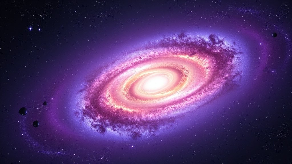 An artistic representation of the most distant galaxy seen by the James Webb Space Telescope, with a vibrant purple and blue background, and a massive galaxy in the center with stars and gas swirling around it.