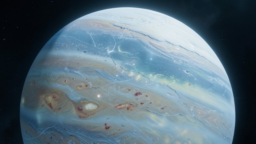 An artistic representation of Jupiter's moon Europa with a thick ice shell and a possible liquid water ocean beneath, with a subtle hint of ammonia presence on its surface.