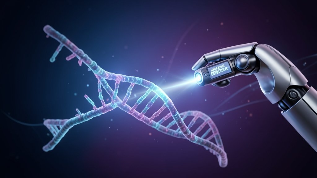 An illustration of a DNA double helix with a robotic arm analyzing it, symbolizing the intersection of artificial intelligence and genetics.