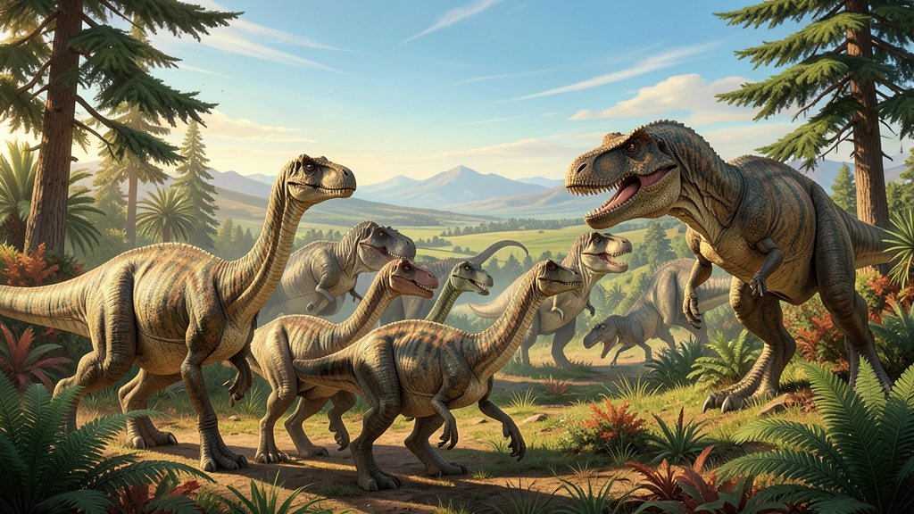 A detailed illustration of a Late Jurassic ecosystem with baby long-necked dinosaurs and various predators in their natural habitat.