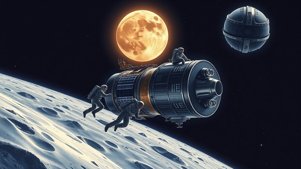 A detailed illustration of the NASA Artemis II spacecraft in orbit around the Moon, with astronauts in their spacesuits performing a spacewalk, against the backdrop of the Earth rising over the lunar horizon.