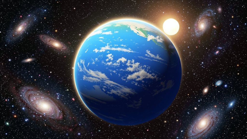 An illustration of an Earth-sized exoplanet orbiting a nearby star, with a blue atmosphere and white clouds, set against a backdrop of stars and galaxies.