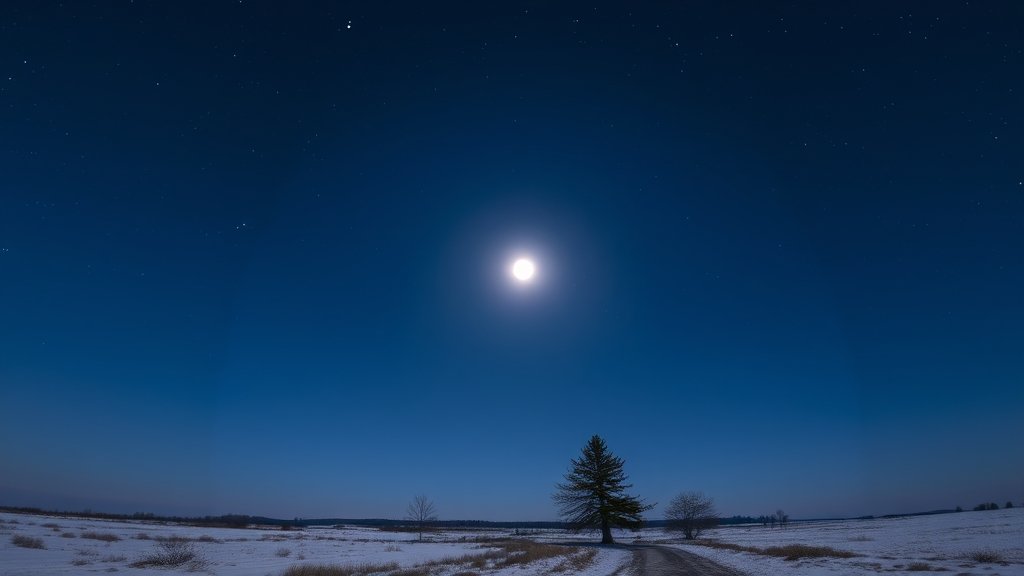 A serene landscape of a winter night sky with the full Snow Moon rising above a glittering star cluster, with a few trees and a walking path in the foreground.