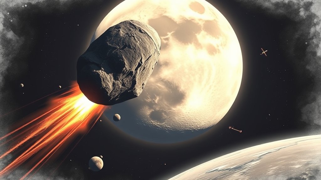 A dramatic illustration of a large asteroid hurtling towards the Moon, with the Earth in the background, and a few satellites in orbit around the Moon.