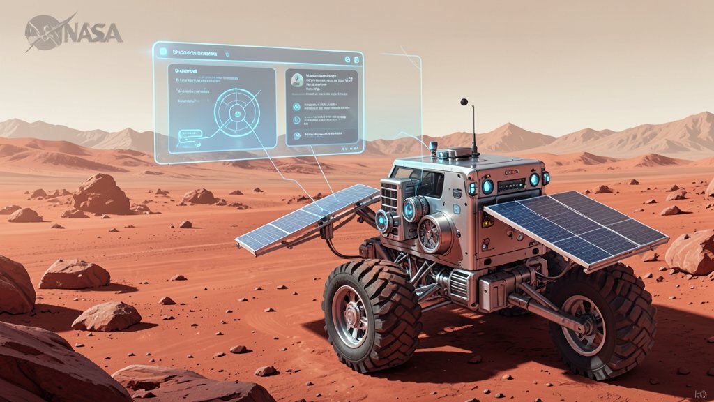 A futuristic illustration of a chatbot controlling a Mars rover, with a Martian landscape in the background and a subtle NASA logo.
