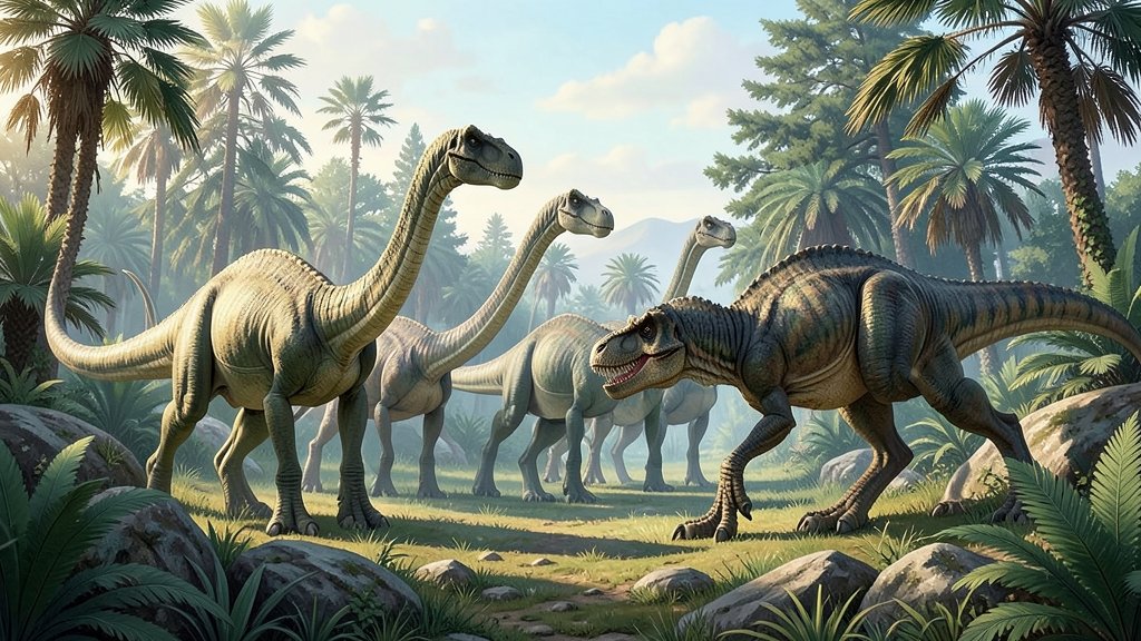 A realistic illustration of a Late Jurassic landscape with a group of young sauropod dinosaurs being stalked by a large predatory dinosaur, with a few trees and rocks in the background.