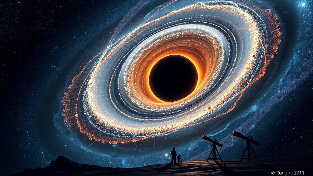 A detailed illustration of the M87 galaxy with a massive black hole at its center, emitting a 3,000-light-year-long cosmic jet, with astronomers in the background observing the phenomenon through telescopes