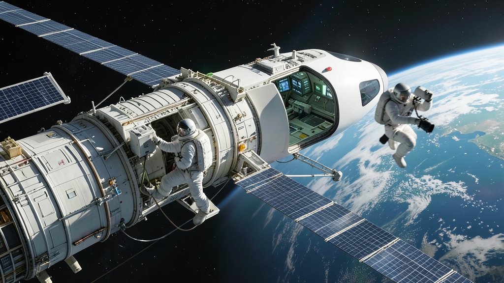An image of the International Space Station with a private spacecraft docked, and astronauts in spacesuits working outside.