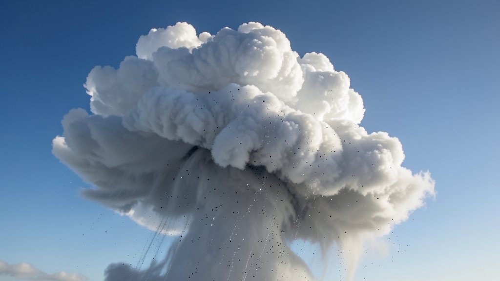 A high-resolution image of a cloud formation with visible precipitation, incorporating elements of aerosol particles and their interaction with cloud droplets