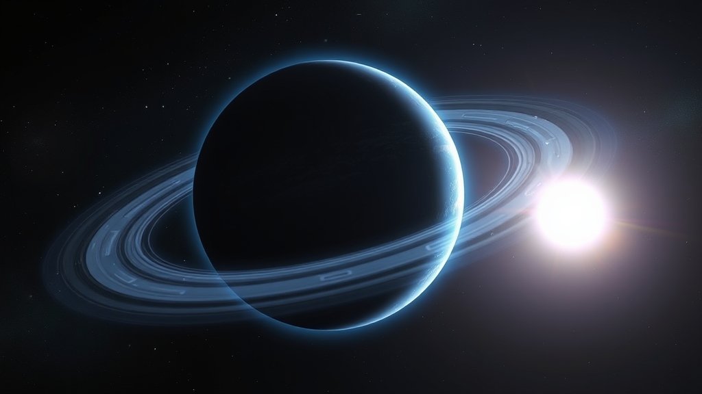 An illustration of an Earth-sized exoplanet orbiting a nearby star, with a faint blue glow and icy surface, set against a dark background with stars and galaxies.