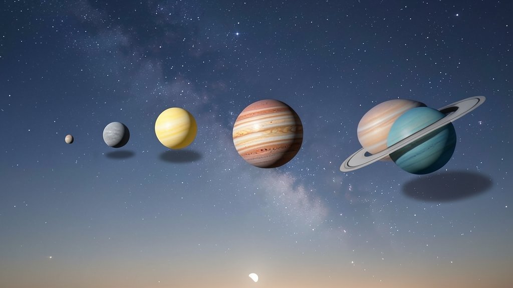 A high-quality image of the six planets aligning in the evening sky, with a subtle background of stars and a hint of the Milky Way, during the month of February.