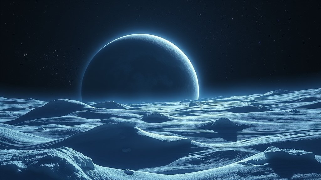An artist's illustration of a frozen exoplanet with a distant star in the background, with a few stars and galaxies visible in the night sky