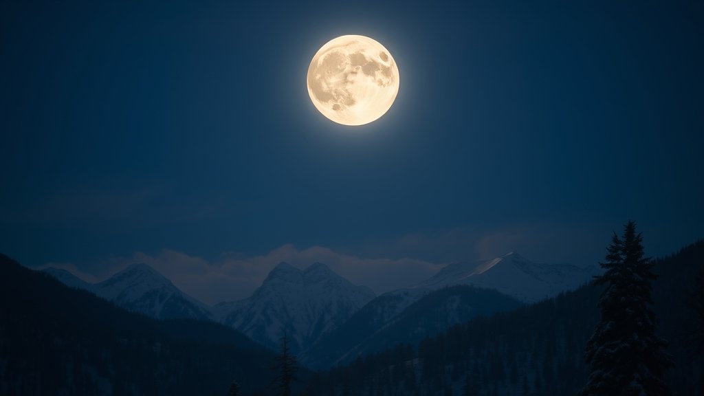 A high-resolution image of the full Snow Moon in the night sky, with a subtle backdrop of snow-covered mountains and trees, highlighting the moon's bright glow and the surrounding landscape's serene beauty.
