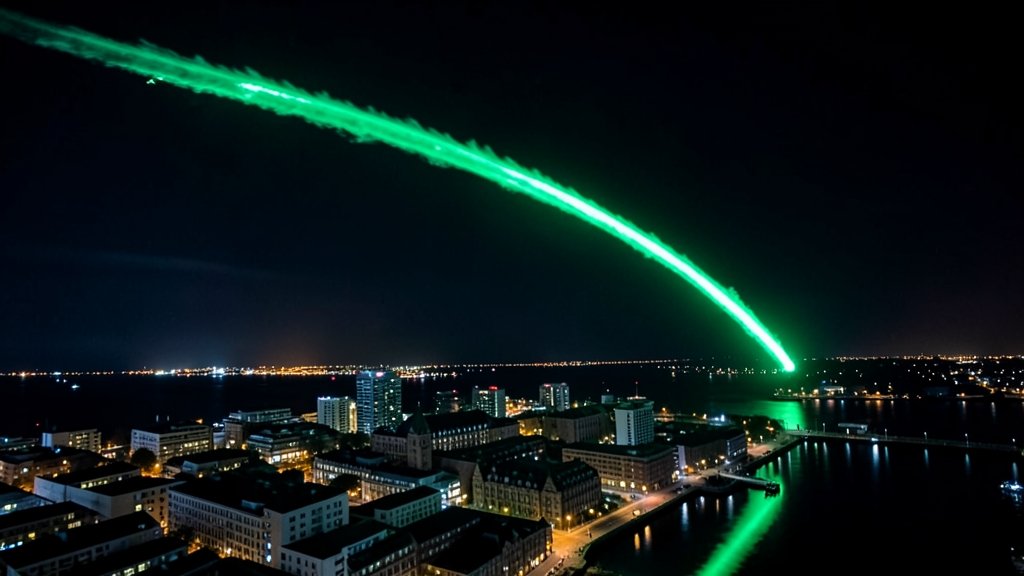 A bright green fireball streaking across the night sky over Wellington, with the city's skyline in the background