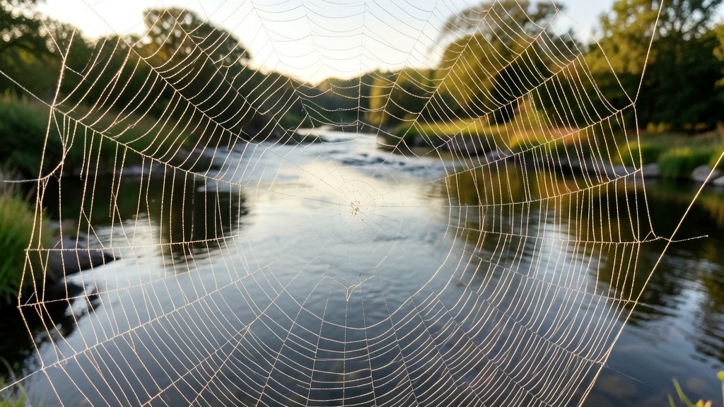 A close-up image of a spider web with a river flowing in the background, highlighting the strength and elasticity of the spider silk threads.