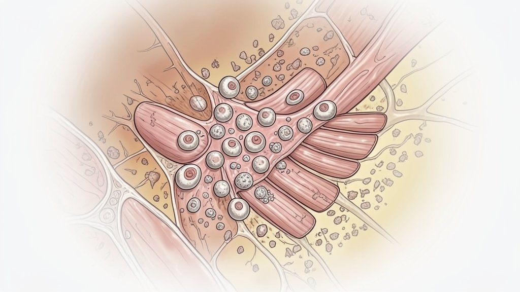 An illustration of muscle stem cells regenerating muscle tissue, with a subtle background hinting at the aging process