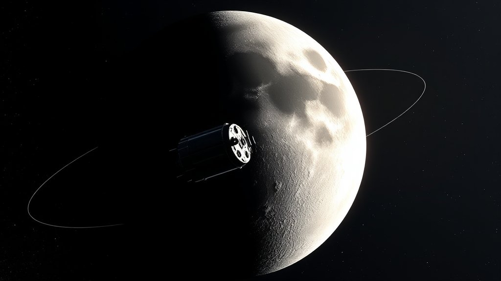An illustration of the Artemis 2 spacecraft in orbit around the Moon, with the Earth visible in the background.
