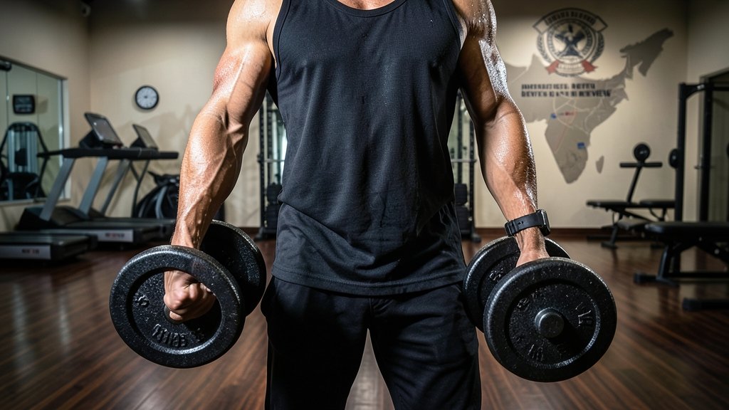 A photo of a person performing the farmer's walk exercise with dumbbells or kettlebells in a gym or outdoor setting, with a background that hints at the Indian Defence Review theme.