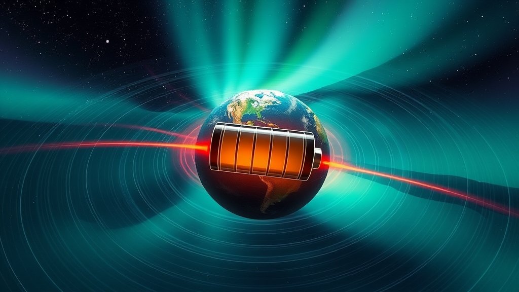 An illustration of the Earth's magnetic field and the auroral regions, with a battery-like structure in the center, representing the "space battery" concept.