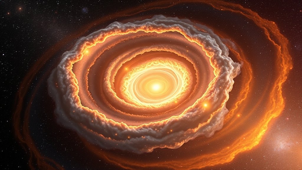 An illustration of the early universe with a swirling cloud of gas and dust, representing the "primordial soup" that gave rise to the first stars and galaxies.