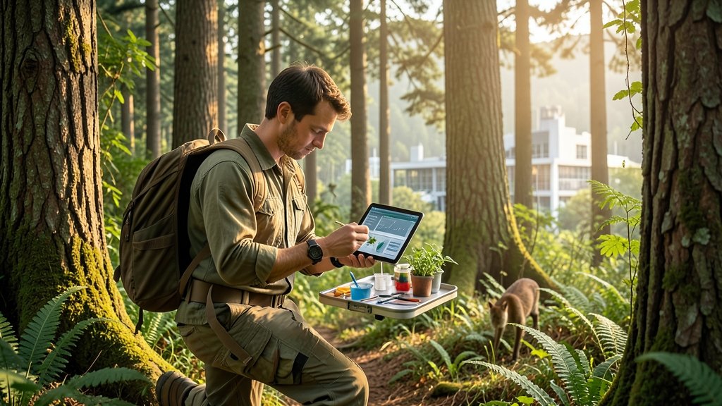 A photograph of a researcher in a forest, collecting data with a tablet and looking at a plant sample, with a subtle background of a cityscape or a laboratory to represent the intersection of fieldwork and technology.