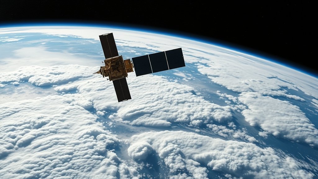 A composite image showing a satellite in space with a background of Earth's atmosphere, highlighting low clouds and their impact on climate change