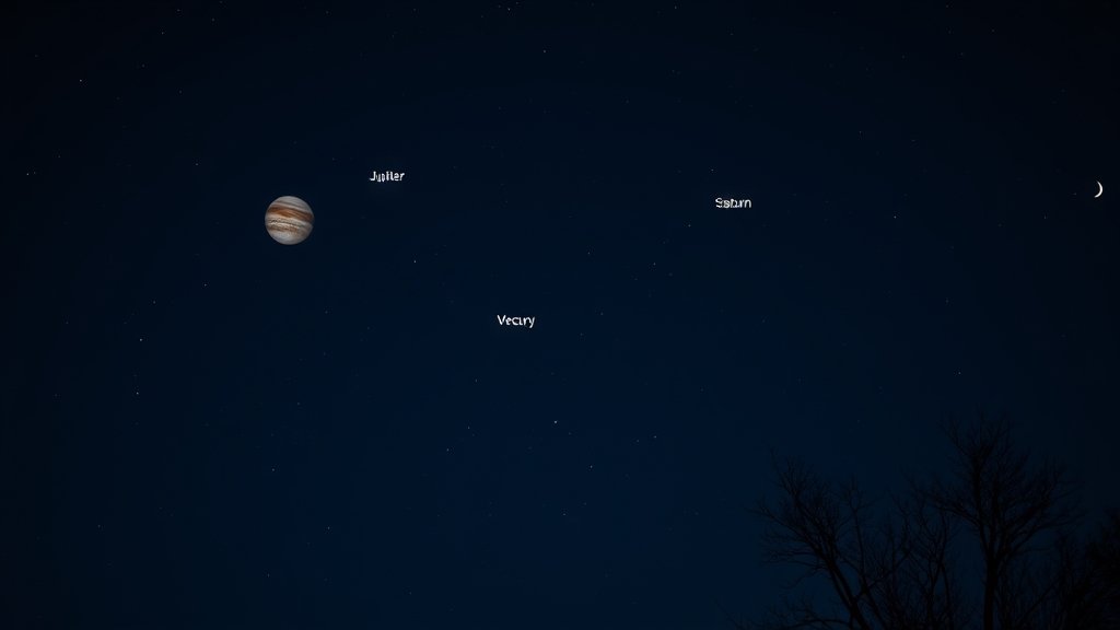 A high-resolution image of the night sky in February 2026, with Jupiter, Mercury, Venus, and Saturn visible, and a hint of the moon in the background.