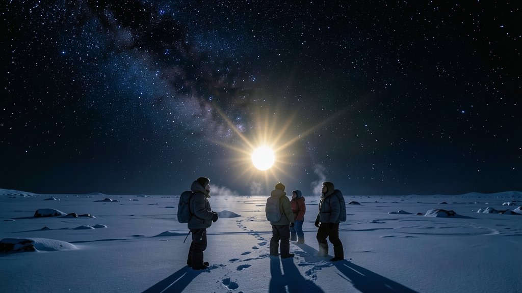 A dramatic image of a total solar eclipse over Antarctica, with a few people in the foreground witnessing the event, and the sky filled with stars and the eclipsed sun.