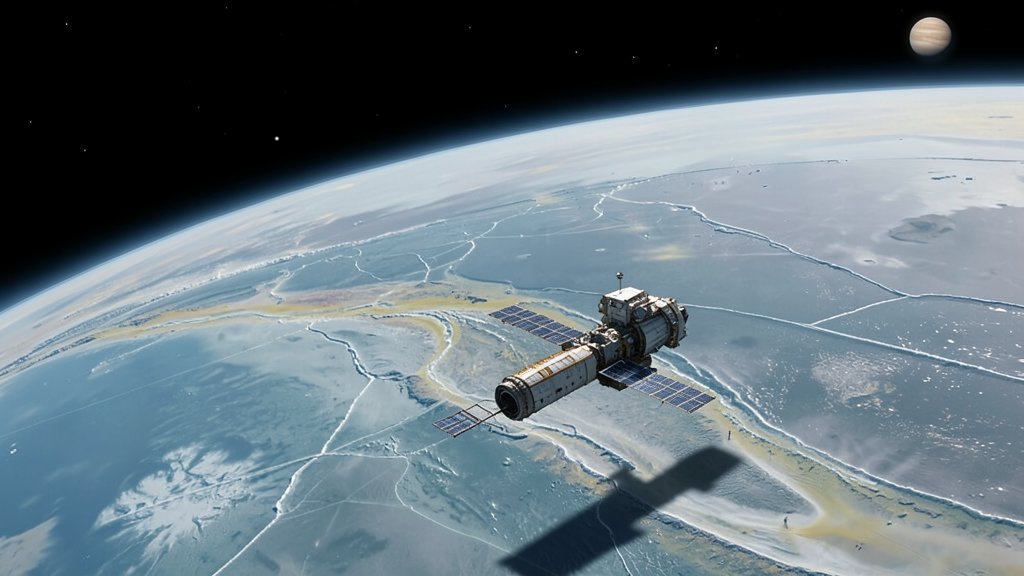An artist's illustration of NASA's Juno spacecraft approaching Jupiter's moon Europa, with a prominent display of the moon's icy surface and a hint of ammonia presence.