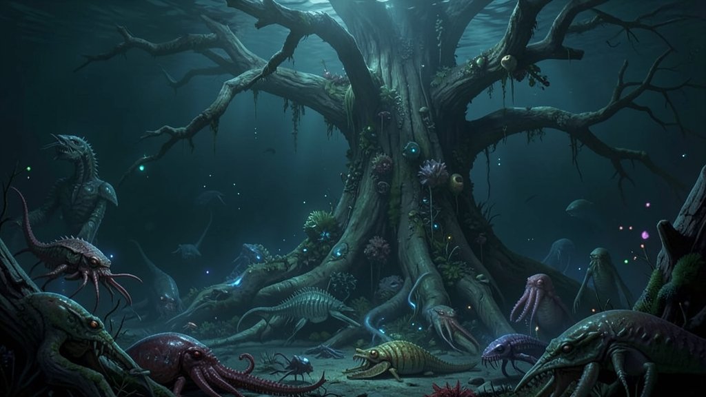 A surreal underwater scene from the Cambrian period, featuring strange and exotic sea creatures, with a faint glow of bioluminescence in the darkness, and a massive fossilized tree looming in the background.