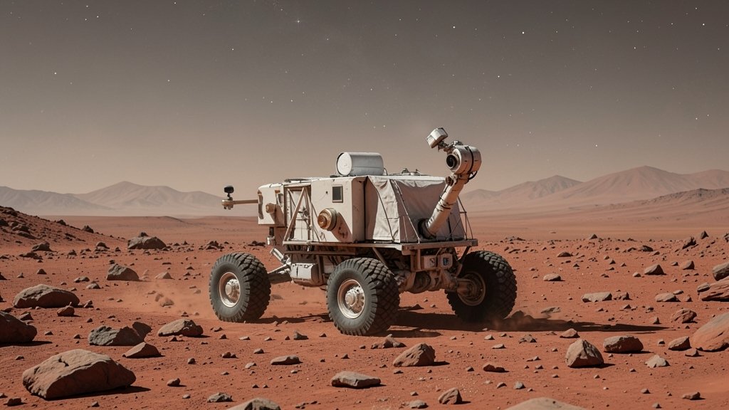 A detailed illustration of the Perseverance Mars rover navigating through the Martian terrain, with a subtle background of the Martian landscape and a few stars in the sky, highlighting the rover's autonomous AI-planned drive.