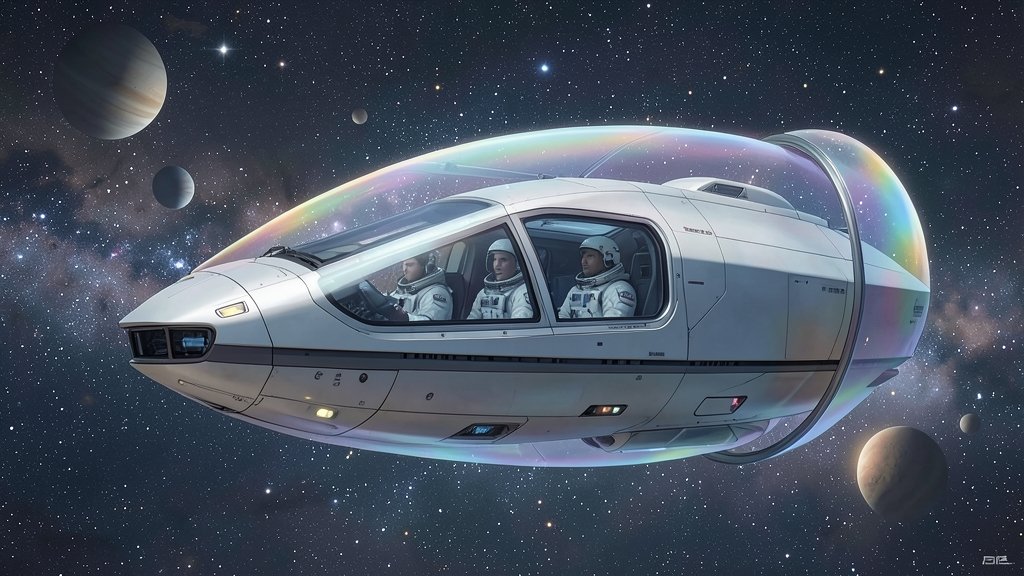 An illustration of the Artemis II spacecraft with a shield or protective layer around it, with astronauts inside, and a background of stars and planets, conveying a sense of safety and protection from space radiation.