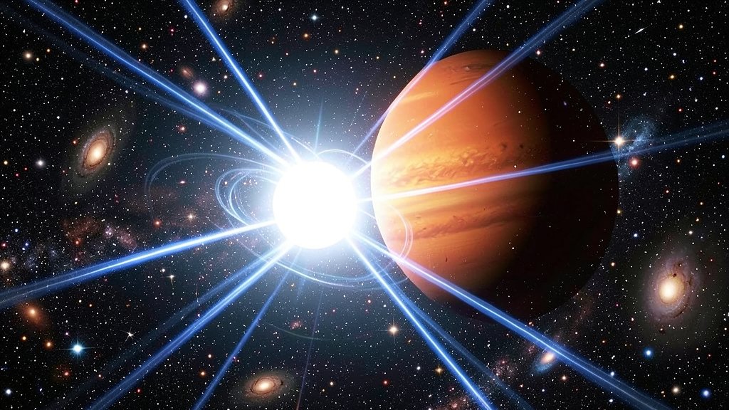 A binary star system with a white dwarf pulsar emitting powerful radio pulses across the galaxy, with a background of stars and galaxies
