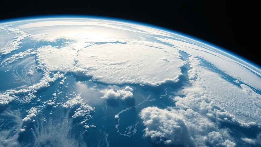 A high-resolution image of the Earth from space, with clouds and satellite orbits visible, highlighting the interaction between clouds and climate change.