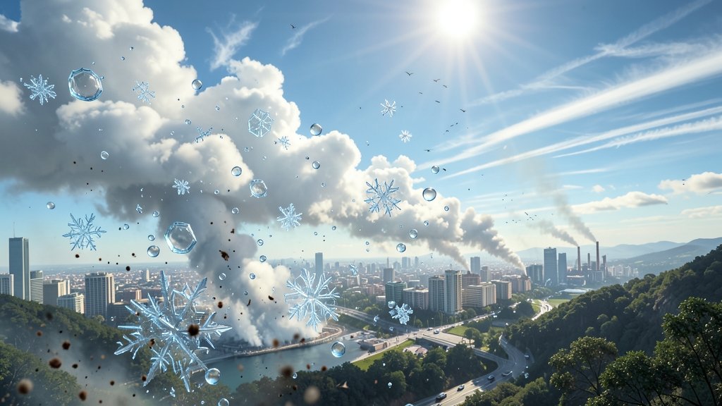 A detailed illustration of cloud formation and aerosol interaction, with water droplets and ice crystals suspended in the air, surrounded by a cityscape or a natural landscape.