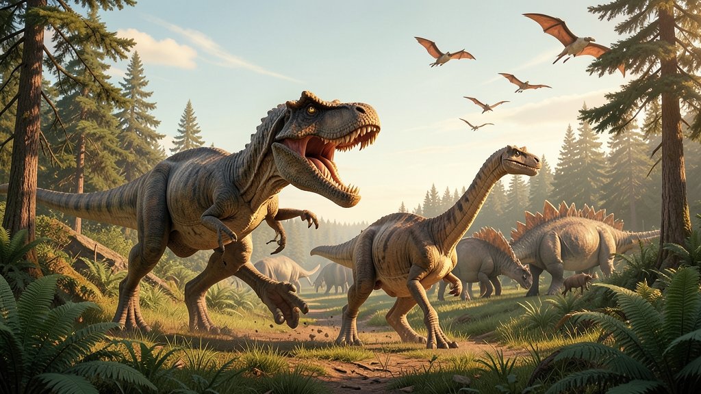 A realistic illustration of a Jurassic era landscape with various dinosaurs and other prehistoric animals, including a large predator attacking a baby sauropod dinosaur.