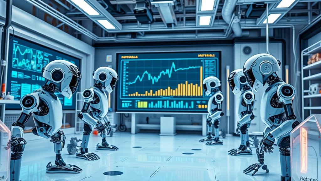 A futuristic laboratory with multiple robots and AI systems working together to discover new materials, with a large screen displaying data and graphs in the background.