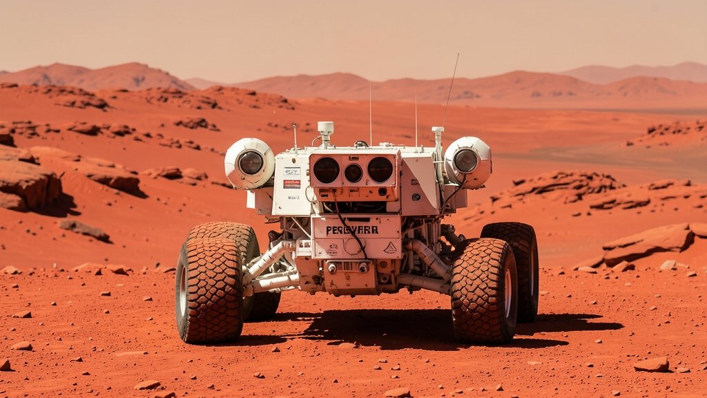 An image of the Perseverance rover on Mars with a background of the Martian landscape, highlighting the rover's autonomous navigation system and the vast, red terrain.